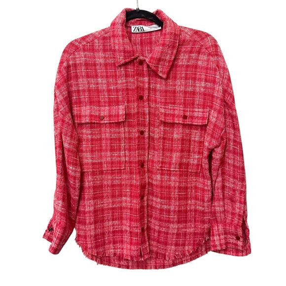 ZARA Tweed Plaid Oversized Shacket Red XS - Picture 2 of 5